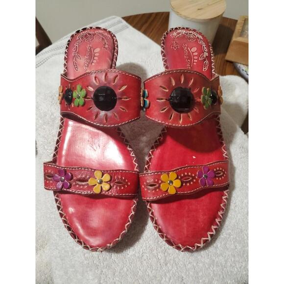 Spring Step D Via Ca Red Floral Heel Sandal Slide Comfort 40 Leather Studded - Picture 1 of 9